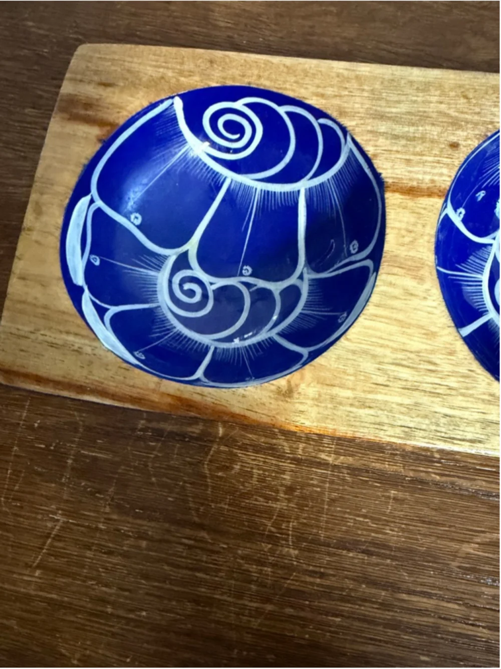Hand Painted Wooden Triple Tealight Candle Holder Blue White Folk Art Rustic Dec